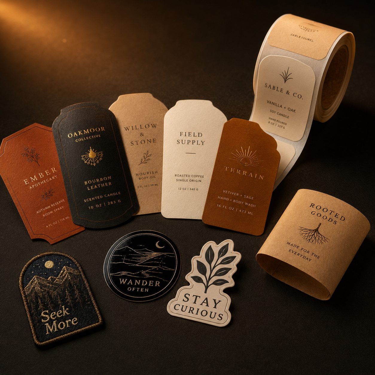 Assorted printed labels, stickers, patches and belly bands
