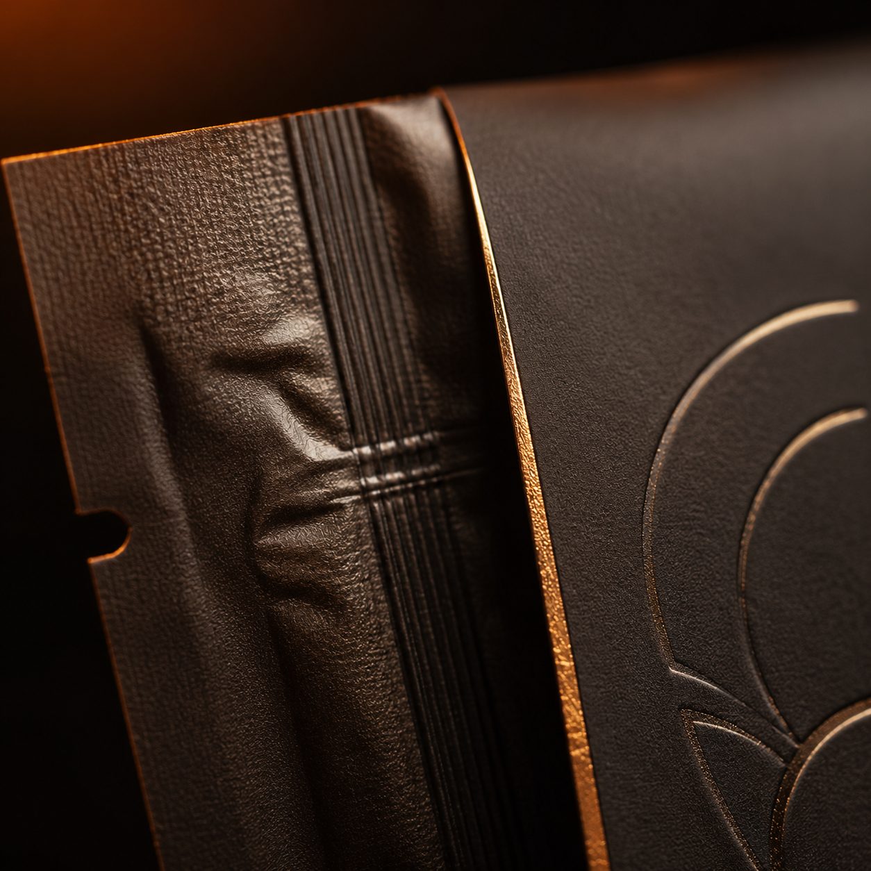 Macro of a foil pouch seam meeting a soft-touch label edge with gold foil